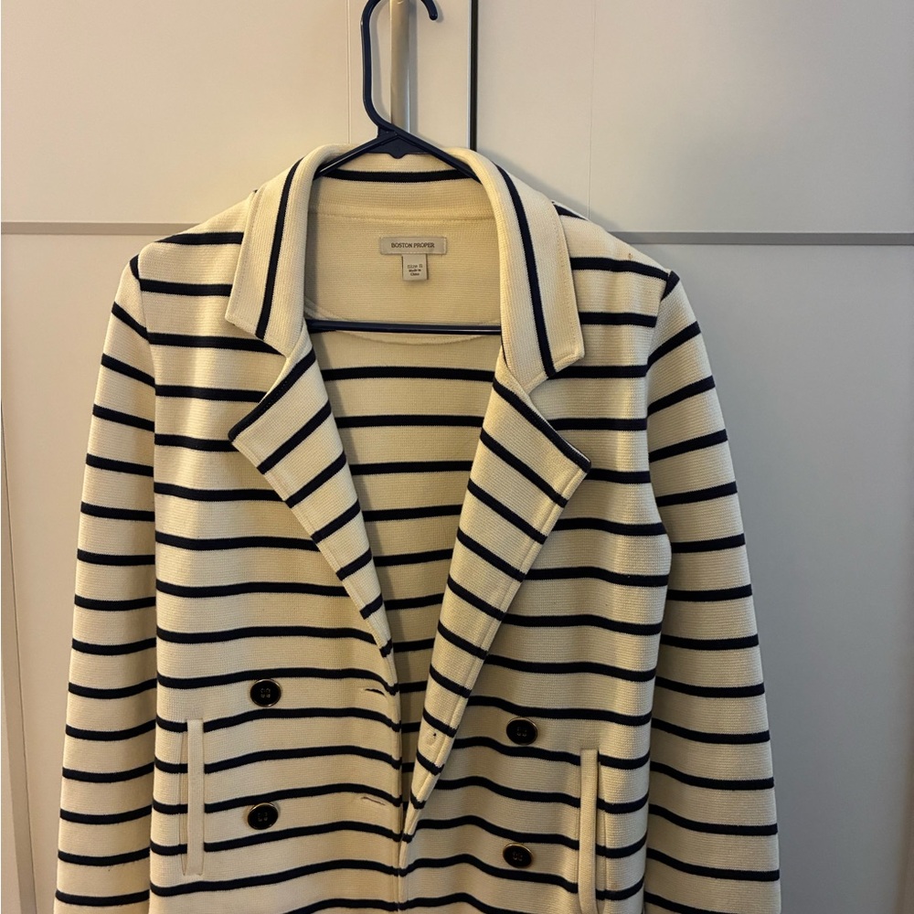 Boston Proper Women's Striped Blazer - Cream and Navy Size S